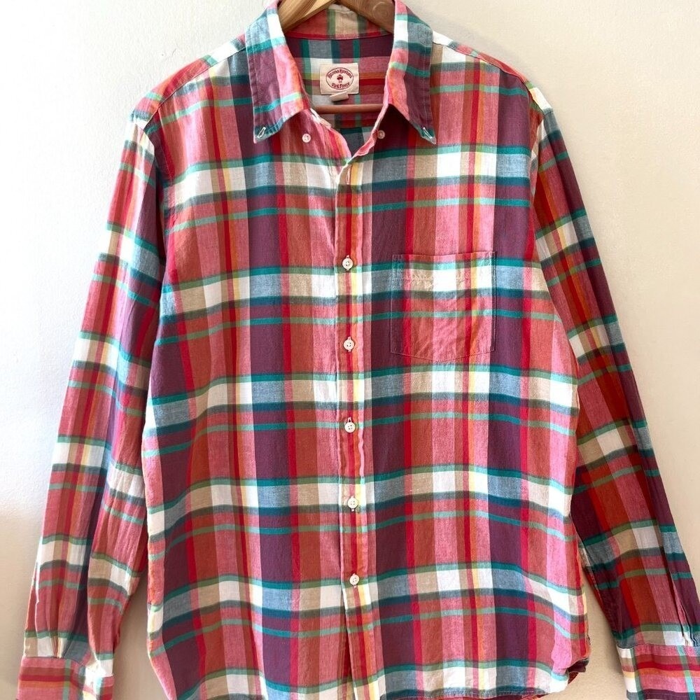 Brooks Brothers Sz L Red Fleece Plaid Button Down Shirt Chest Pocket - Picture 8 of 8